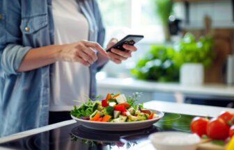キッチンでスマートフォンでレシピを見て料理をしている様子