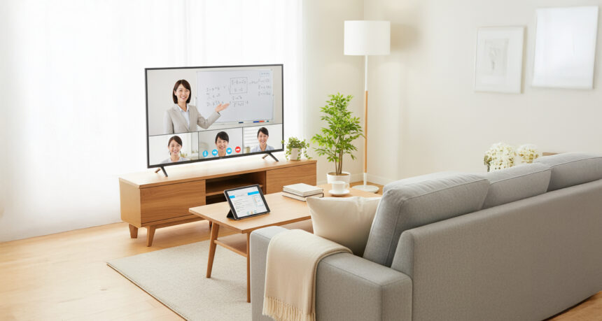 自宅のテレビでオンライン学習をしているイメージ