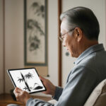 タブレットで趣味の水墨画を楽しんでいる日本人男性