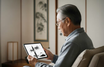 タブレットで趣味の水墨画を楽しんでいる日本人男性