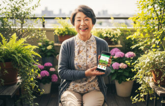 スマートフォンで家庭菜園の情報を見ながら自宅のベランダで家庭菜園を楽しんでいる日本人女性