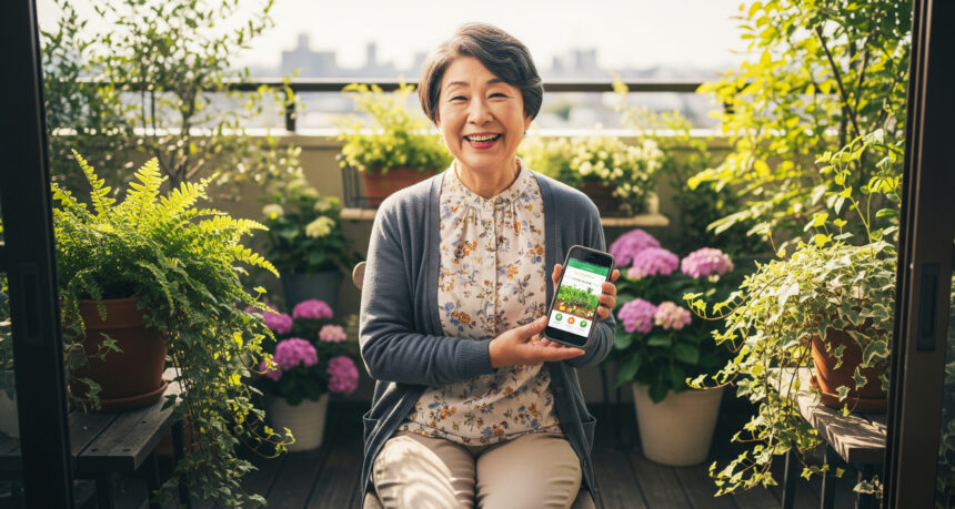 スマートフォンで家庭菜園の情報を見ながら自宅のベランダで家庭菜園を楽しんでいる日本人女性