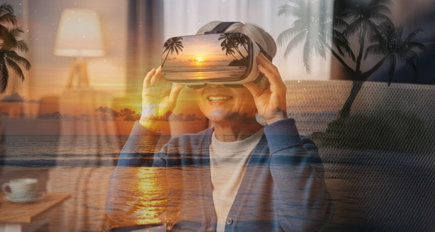 VRで世界旅行を楽しんでいる日本人女性