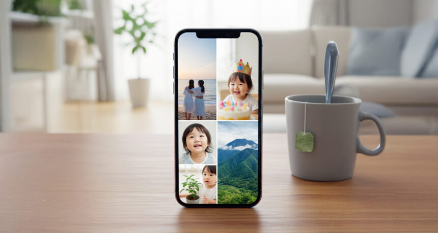 リビングのテーブルの上に置かれたスマートフォンの写真アルバムイメージ