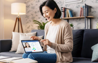 タブレットでオンライン授業を受けている日本人女性