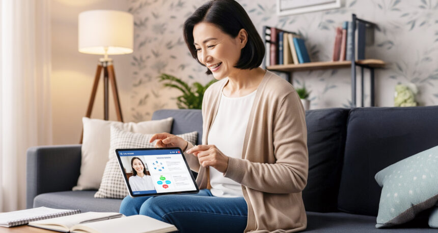 タブレットでオンライン授業を受けている日本人女性