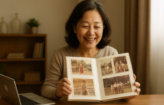 リビングで昔の懐かしいアルバムの写真を見て笑顔の日本人女性