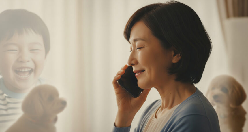 スマートフォンで懐かしい音や大切な人たちの声を聞いている日本人シニア女性