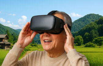 VRで故郷の景色を楽しんでいる日本人シニア男性