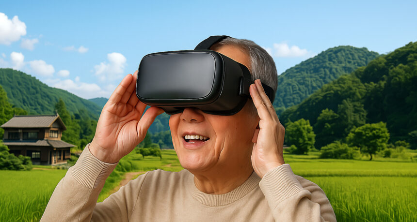 VRで故郷の景色を楽しんでいる日本人シニア男性
