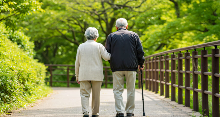 幸せそうに自然の中を散歩する老夫婦のバックショット