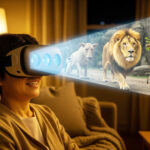 リビングでVRを使って野生の動物の鑑賞を楽しんでいる男性