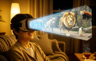 リビングでVRを使って野生の動物の鑑賞を楽しんでいる男性