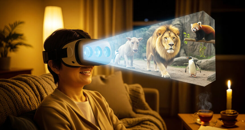 リビングでVRを使って野生の動物の鑑賞を楽しんでいる男性