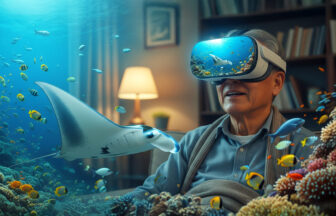 自宅でVRを使って海中散歩を楽しむ日本人シニア男性