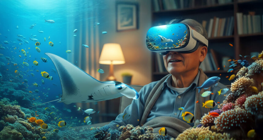 自宅でVRを使って海中散歩を楽しむ日本人シニア男性