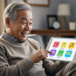 タブレットを使って趣味探しをしている日本人シニア男性