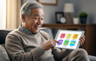 タブレットを使って趣味探しをしている日本人シニア男性