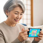 スマートフォンで脳トレをする日本人シニア女性