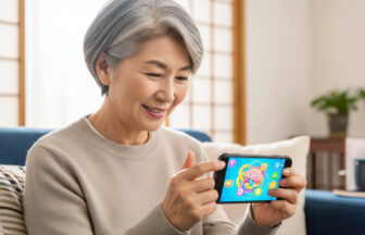 スマートフォンで脳トレをする日本人シニア女性