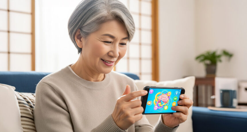 スマートフォンで脳トレをする日本人シニア女性