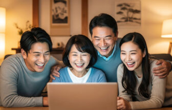 デジタルコンテンツを家族みんなで一緒に楽しんで絆を深めている様子
