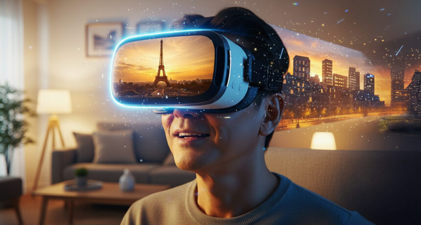 自宅でVRを使って世界旅行を楽しむ日本人男性
