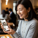 地域のおしゃれなカフェをスマートフォンで見つけてコーヒーを楽しむ女性