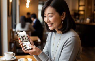地域のおしゃれなカフェをスマートフォンで見つけてコーヒーを楽しむ女性