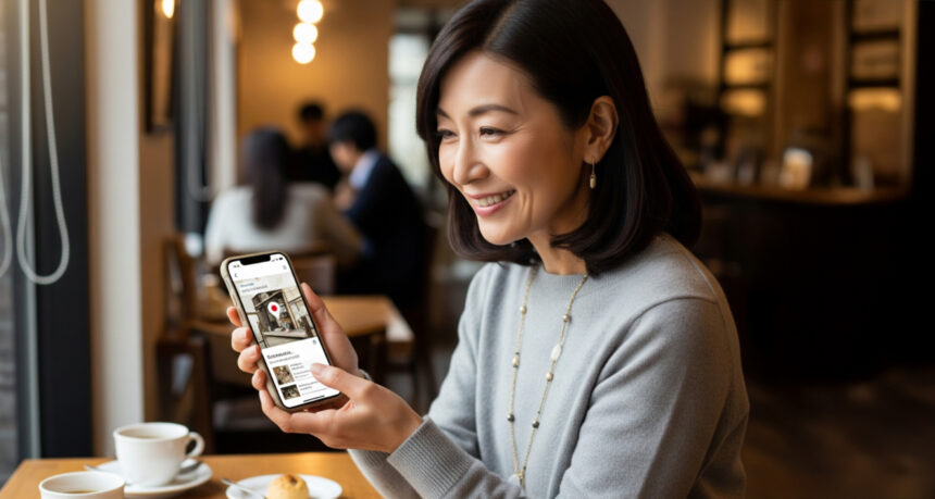 地域のおしゃれなカフェをスマートフォンで見つけてコーヒーを楽しむ女性