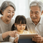 日本人の祖父母が楽しそうに孫がタブレットを使って宿題をしている様子を見ている