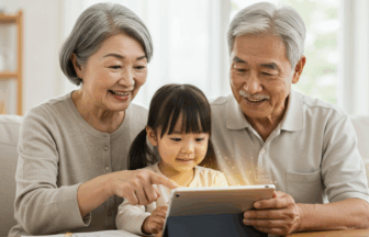 日本人の祖父母が楽しそうに孫がタブレットを使って宿題をしている様子を見ている