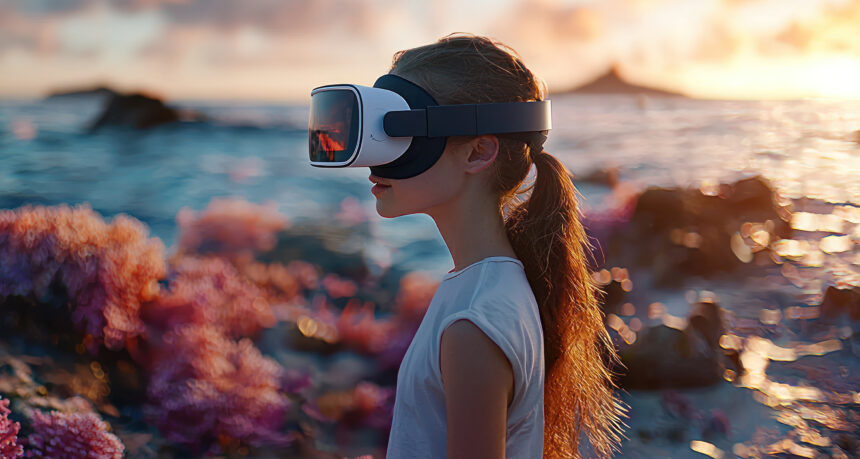 VRを付けてバーチャル海外旅行を楽しんでいる女の子