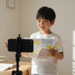 小学生の男の子が自分のノートを持ってスマートフォンのカメラに向かってプレゼンテーションをしている