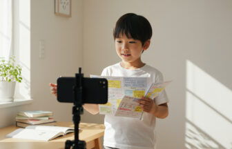 小学生の男の子が自分のノートを持ってスマートフォンのカメラに向かってプレゼンテーションをしている