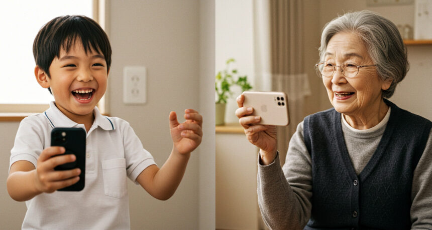 スマートフォンを使ってリモートで楽しそうに会話をしている孫とおばあちゃん