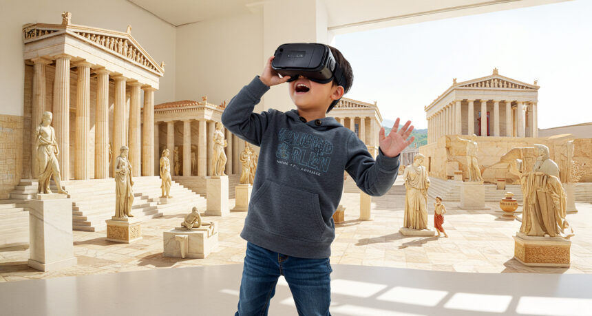 男の子がVRで世界中の歴史的な場所をバーチャルで楽しんでいる様子