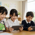 おばあちゃんと孫たちがタブレットを使ってクイズゲームを楽しんでいる