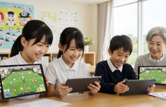 おばあちゃんと孫たちがタブレットを使ってクイズゲームを楽しんでいる