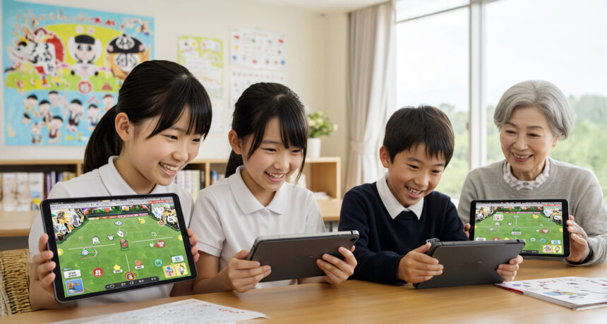 おばあちゃんと孫たちがタブレットを使ってクイズゲームを楽しんでいる