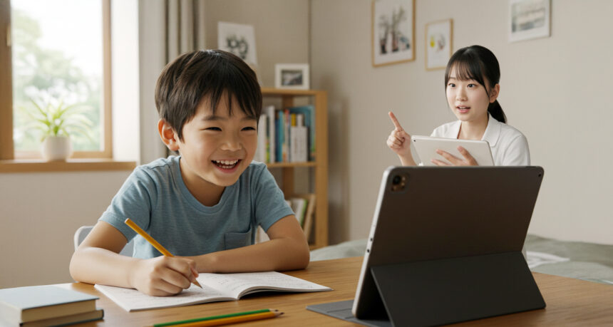 日本人の子どもが自宅の自分の部屋でタブレットの画面に映るAI先生に教えてもらいながら楽しそうに宿題を一生懸命している