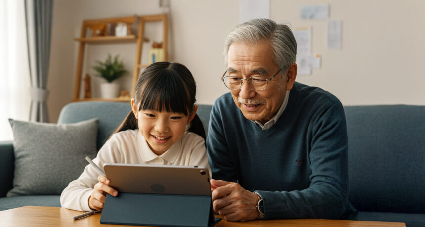日本人の小学生の女の子とおじいちゃんが自宅のリビングで一緒に楽しそうにタブレットを使って画面上で絵をかいている様子