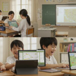 日本の小学校の教室で生徒たちが楽しそうにデジタル教材を使った学習をしている様子