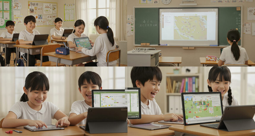 日本の小学校の教室で生徒たちが楽しそうにデジタル教材を使った学習をしている様子