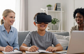 日本の中学生の男の子が自宅のリビングでVRをしてバーチャル空間で白人の先生と黒人の先生から英会話を楽しそうに学んでいる様子