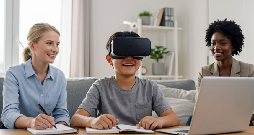 日本の中学生の男の子が自宅のリビングでVRをしてバーチャル空間で白人の先生と黒人の先生から英会話を楽しそうに学んでいる様子