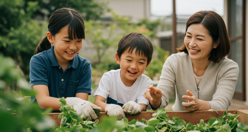 日本の中学生のお姉さんと小学生の弟がお手伝いをしていて、その姿をお母さんが眺めて、成長の様子を喜んでいる