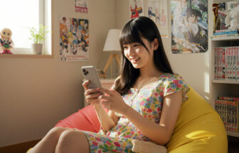 女の子が自分の部屋でスマートフォンに向かって音声入力を笑顔でしている様子