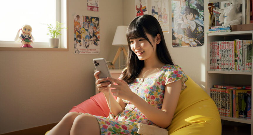 女の子が自分の部屋でスマートフォンに向かって音声入力を笑顔でしている様子