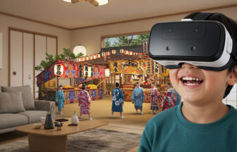 VRで日本の伝統的な祭りを楽しむ日本人の男の子